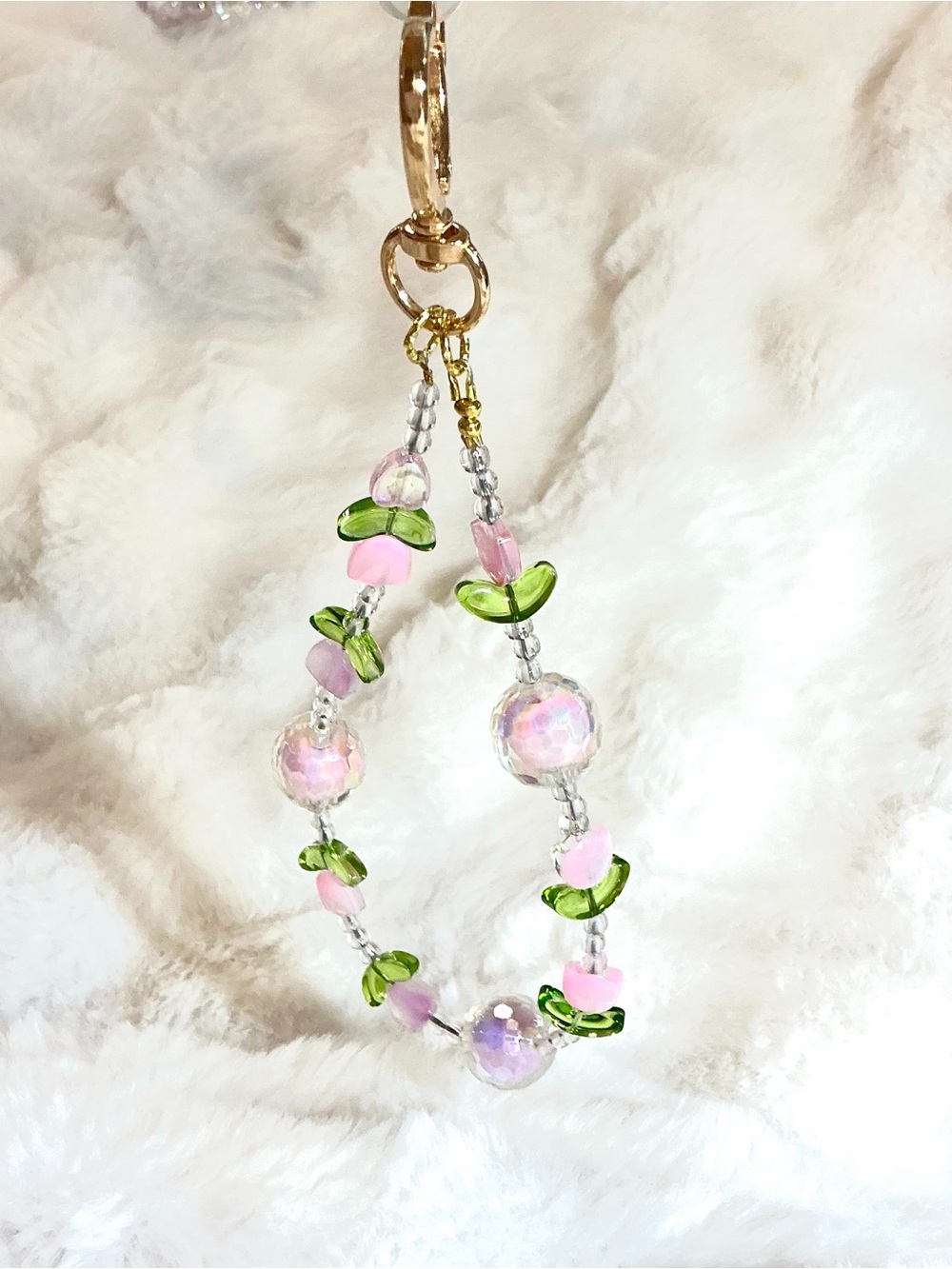 Handmade 🌸Pink & Green🍃 Floral Glass Beaded Phone Chain or Purse Wristlet
